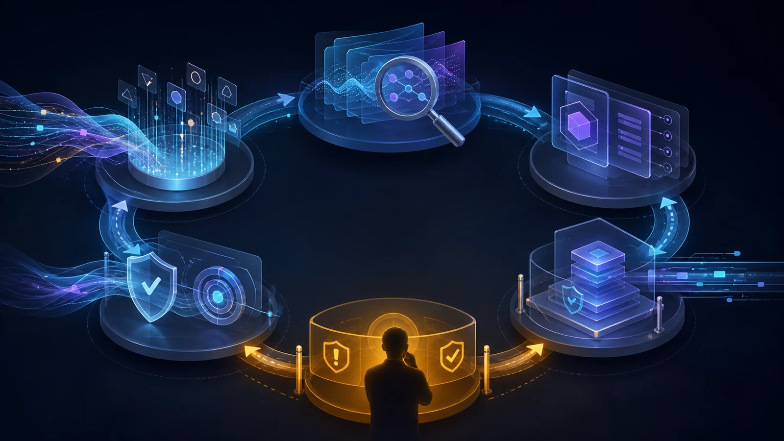 telemetry·분석·판단 권고·정책 실행·assurance를 잇는 추상적 운영 고리와 사람 예외 관문을 표현한 편집 이미지